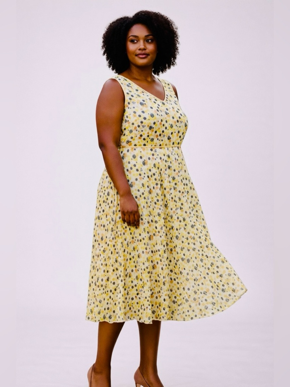 VTG Bob Mackie Studio Yellow Polka Dot Pleated Sleeveless Midi Dress Size 14